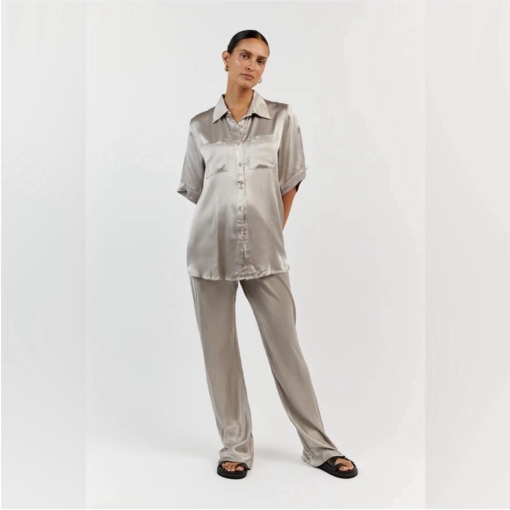 DISSH Silver Satin Straight-Leg Pants